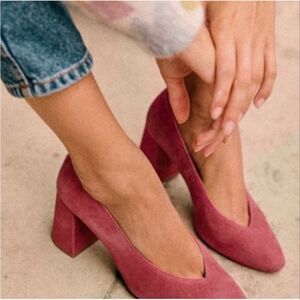 Sezane Pink Suede Block Heel Pumps